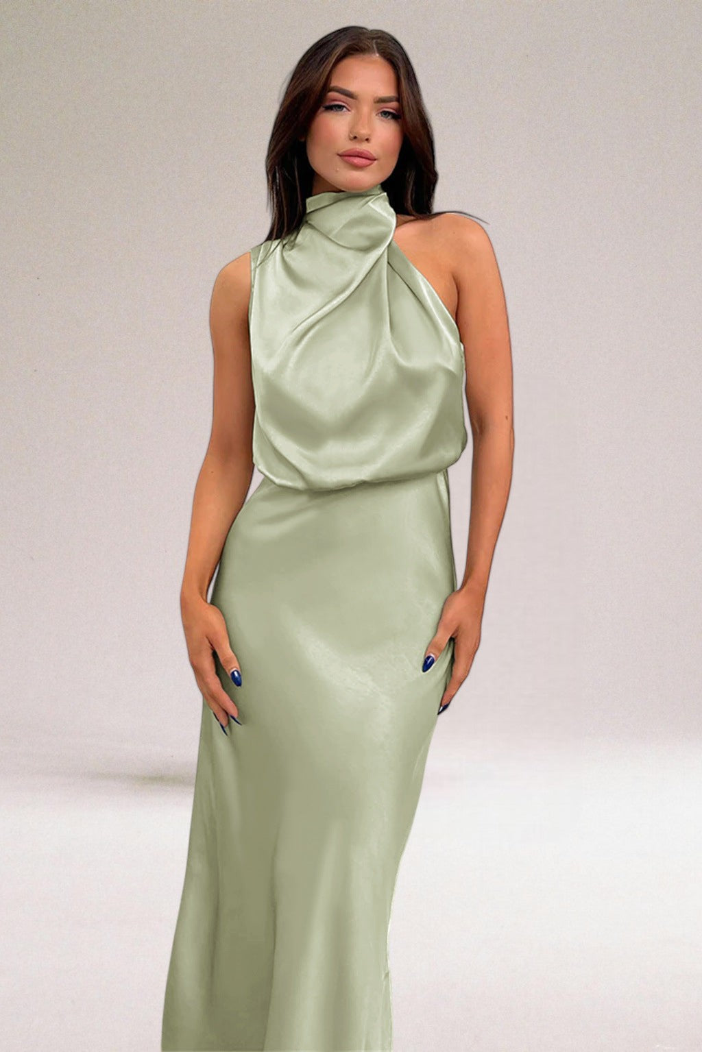 Margaux | Halter Neck Satin Maxi Dress with Draped Bodice