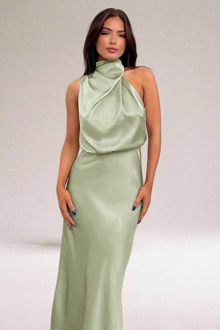 Margaux | Halter Neck Satin Maxi Dress with Draped Bodice