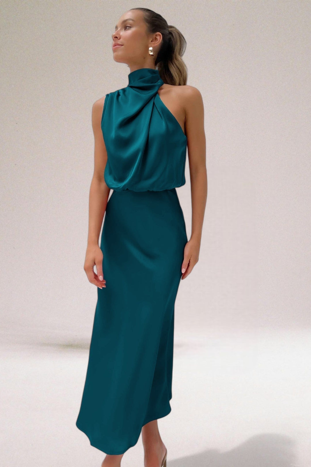 Margaux | Halter Neck Satin Maxi Dress with Draped Bodice