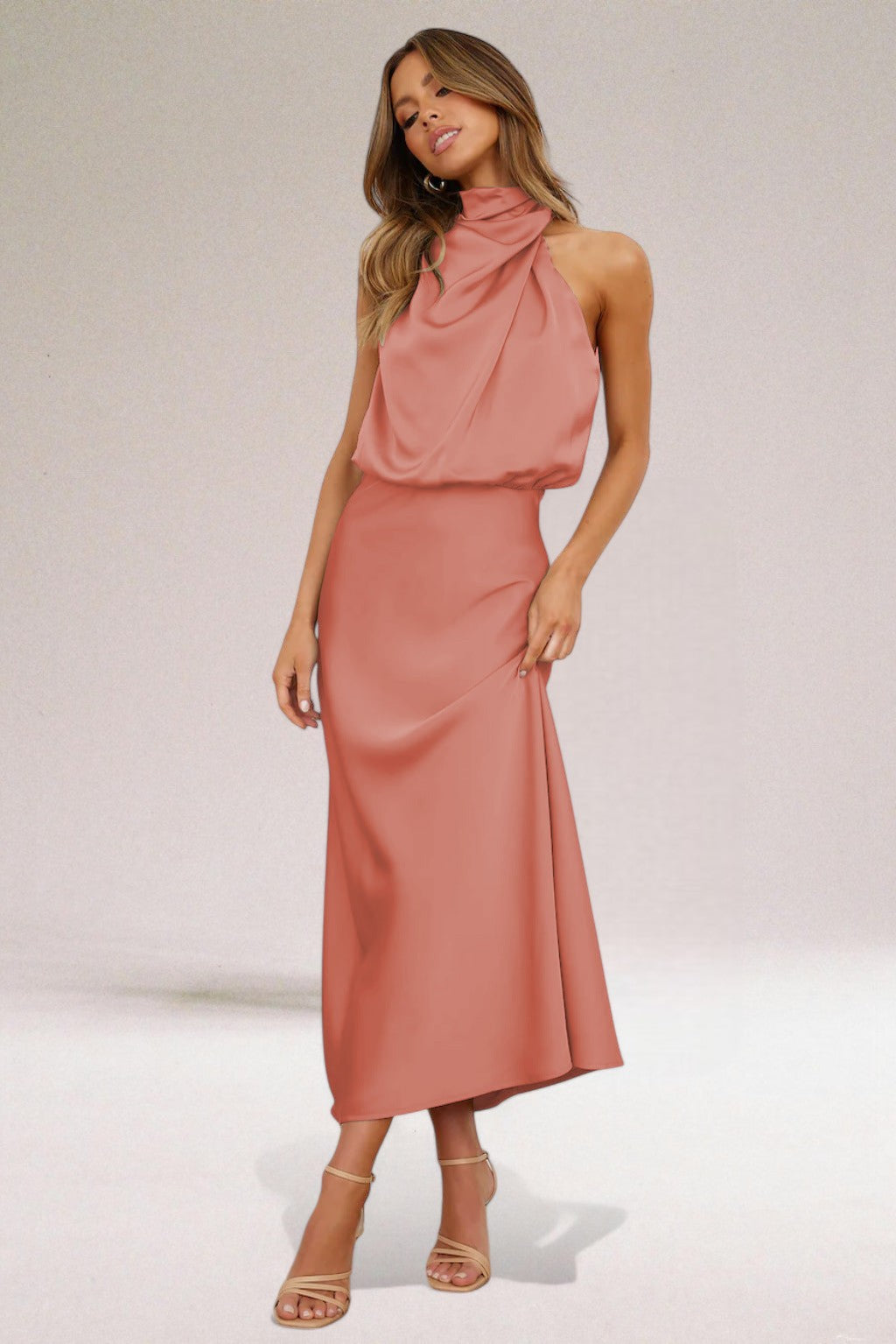 Margaux | Halter Neck Satin Maxi Dress with Draped Bodice