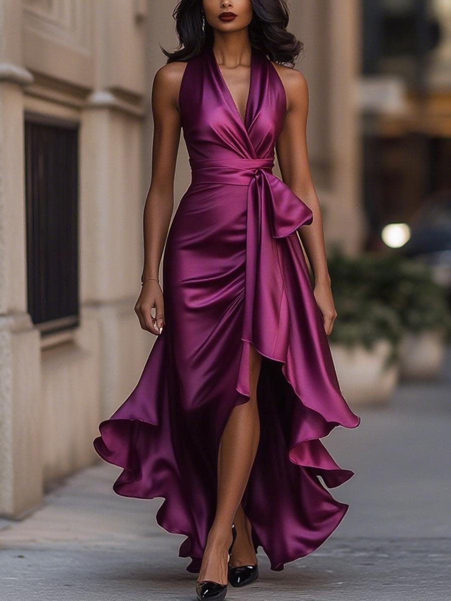 Arabella | Satin Halter Wrap Formal Maxi Dress with Ruffle Hem