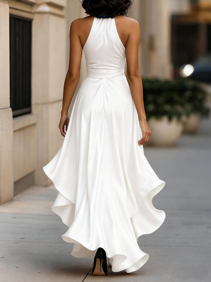 Arabella | Satin Halter Wrap Formal Maxi Dress with Ruffle Hem