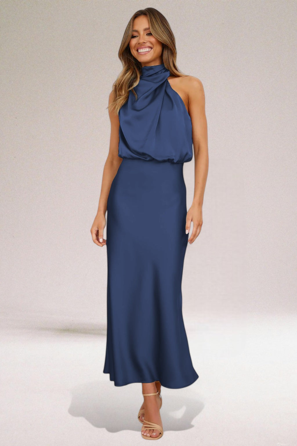 Margaux | Halter Neck Satin Maxi Dress with Draped Bodice