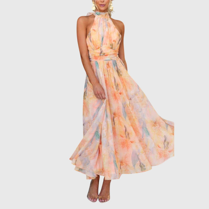 Solène | Halter Neck Wrap Dress in Abstract Watercolour Chiffon