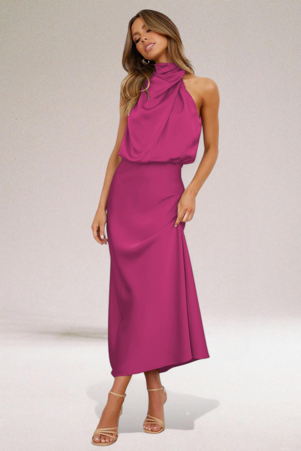 Margaux | Halter Neck Satin Maxi Dress with Draped Bodice