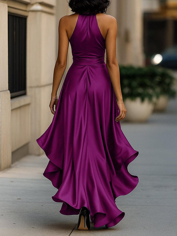 Arabella | Satin Halter Wrap Formal Maxi Dress with Ruffle Hem