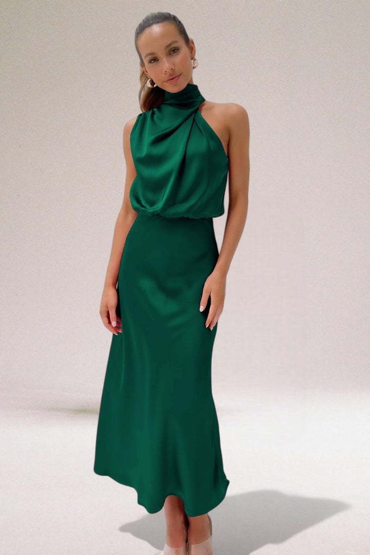 Margaux | Halter Neck Satin Maxi Dress with Draped Bodice