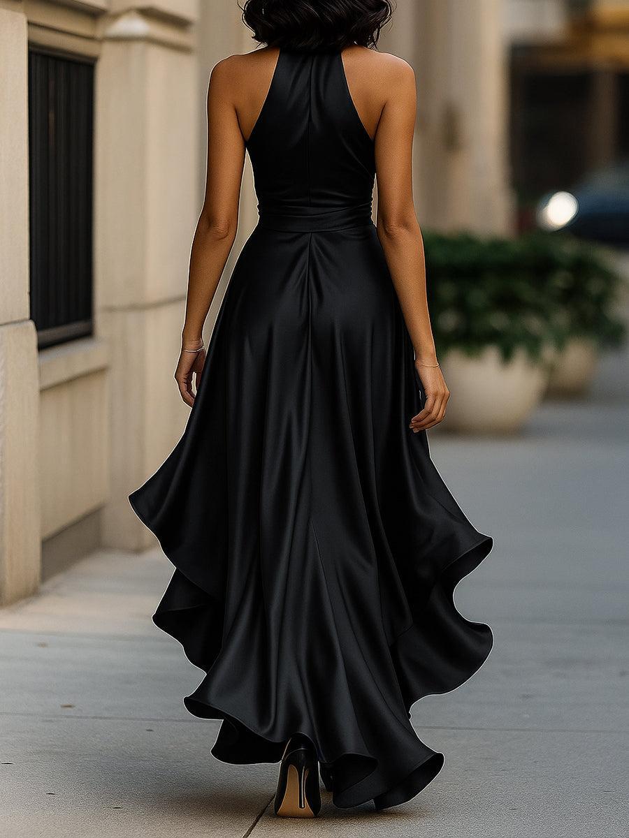 Arabella | Satin Halter Wrap Formal Maxi Dress with Ruffle Hem