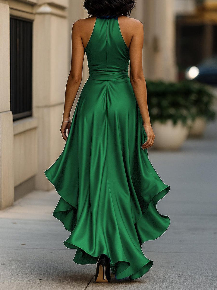 Arabella | Satin Halter Wrap Formal Maxi Dress with Ruffle Hem