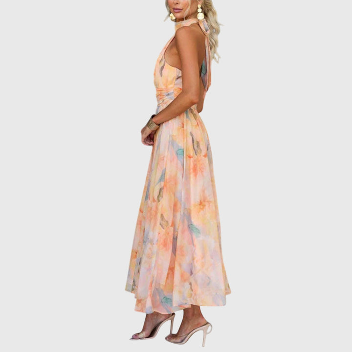 Aurore | Watercolour Ruched Halter Neck Maxi Dress