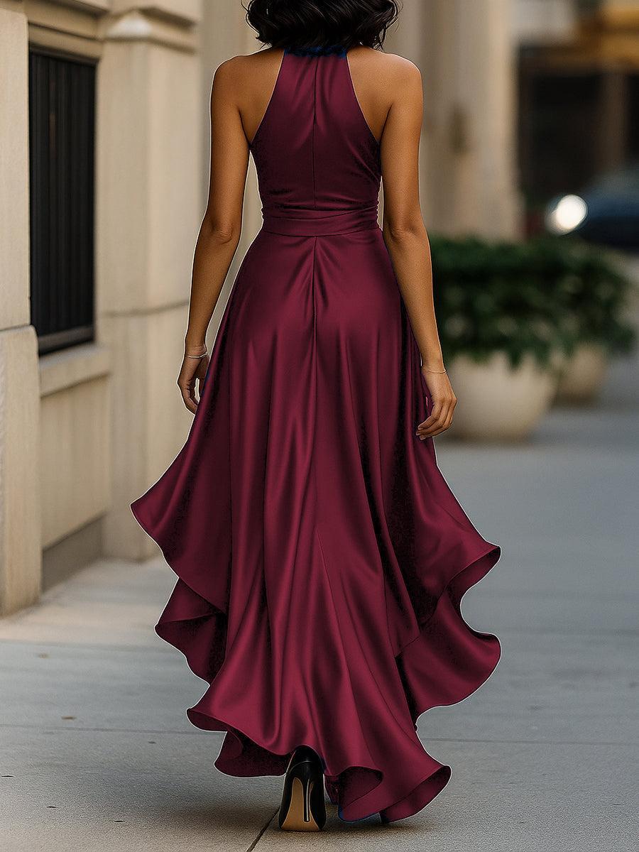 Arabella | Satin Halter Wrap Formal Maxi Dress with Ruffle Hem