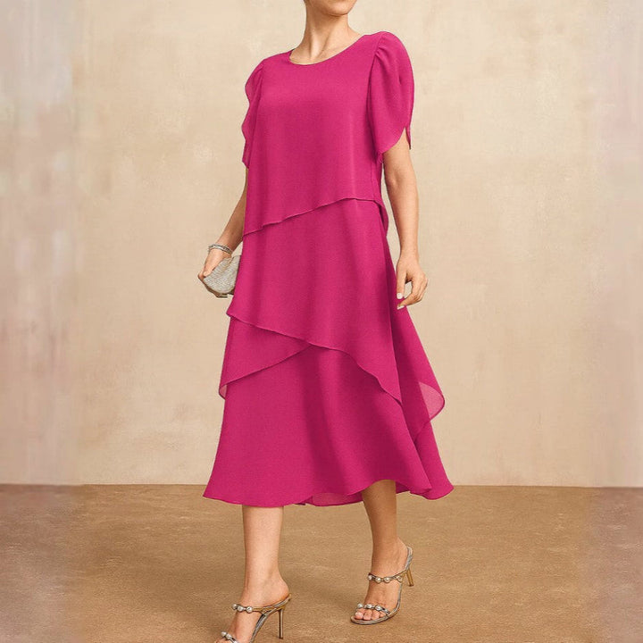 Danielle | Tiered Chiffon Flutter-Sleeve Womens Pleated Midi Dress