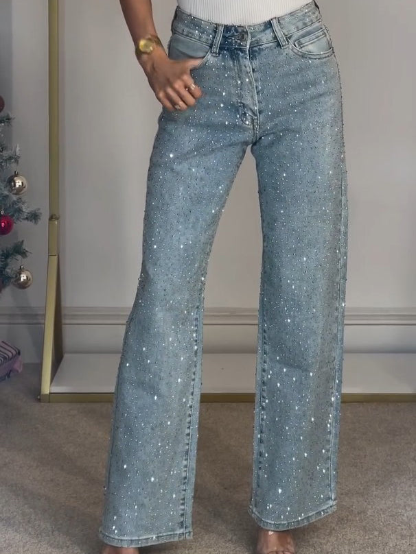 Starla | Women's Jeans Mid Rise Diamanté Wide Leg