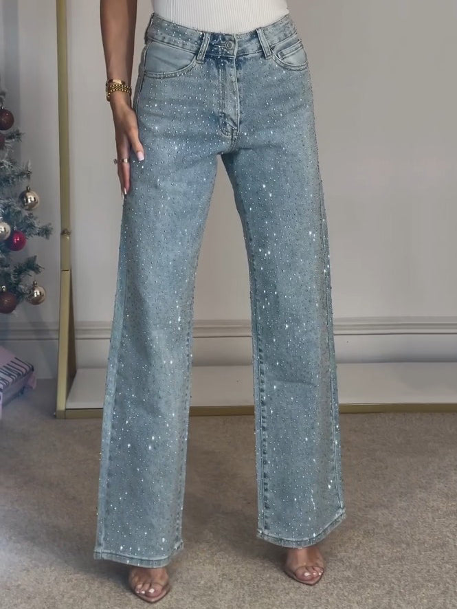Starla | Women's Jeans Mid Rise Diamanté Wide Leg