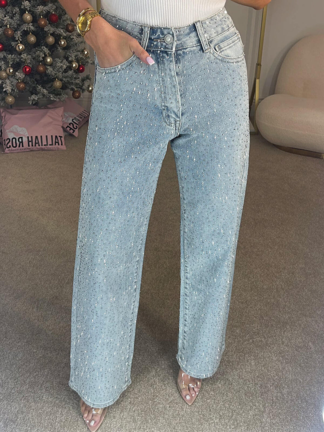 Starla | Women's Jeans Mid Rise Diamanté Wide Leg