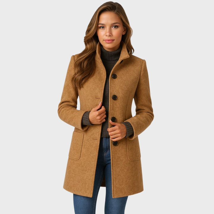 Noelle Women’s Wool Blend Trench Coat – Knee Length Stand Collar Single Breasted Coat with Patch Pockets