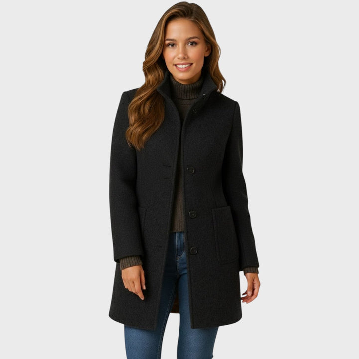 Noelle Women’s Wool Blend Trench Coat – Knee Length Stand Collar Single Breasted Coat with Patch Pockets