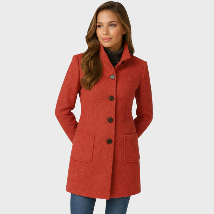Noelle Women’s Wool Blend Trench Coat – Knee Length Stand Collar Single Breasted Coat with Patch Pockets