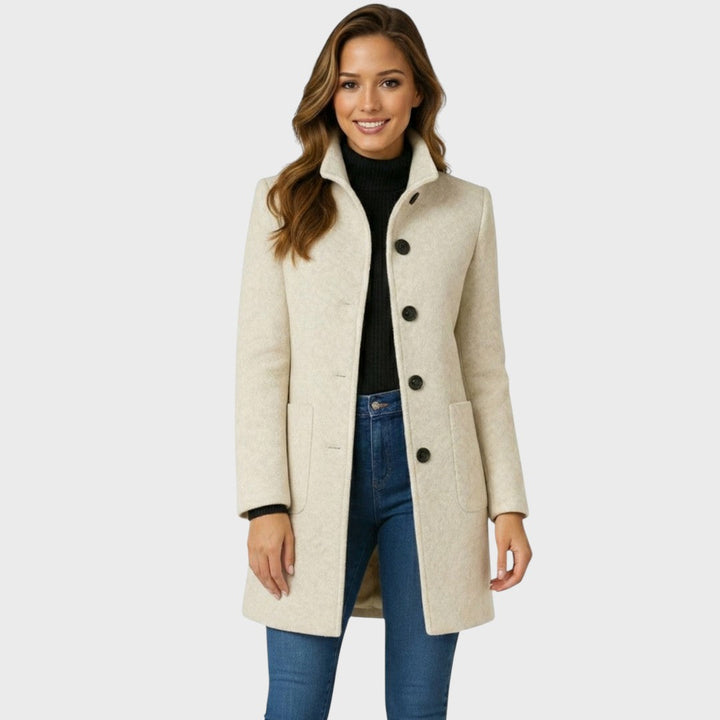 Noelle Women’s Wool Blend Trench Coat – Knee Length Stand Collar Single Breasted Coat with Patch Pockets