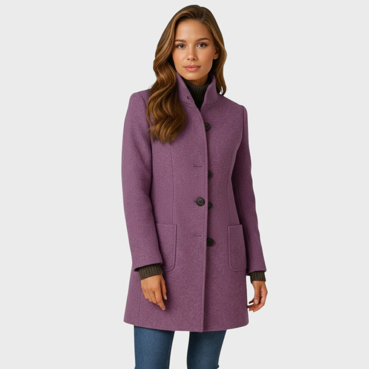 Noelle Women’s Wool Blend Trench Coat – Knee Length Stand Collar Single Breasted Coat with Patch Pockets