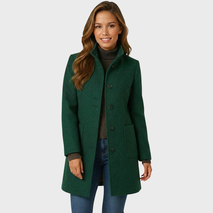 Noelle Women’s Wool Blend Trench Coat – Knee Length Stand Collar Single Breasted Coat with Patch Pockets