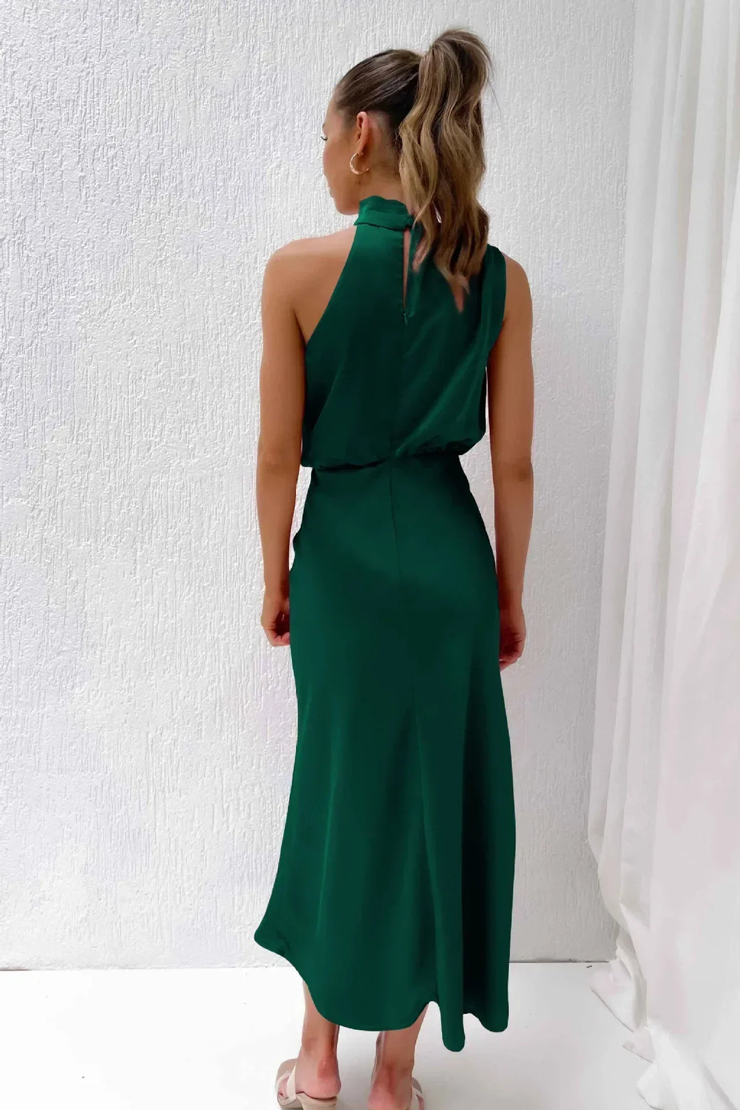 Calliope | Draped Twist Satin Halter Neck Maxi Dress