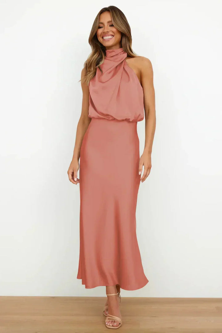 Calliope | Draped Twist Satin Halter Neck Maxi Dress