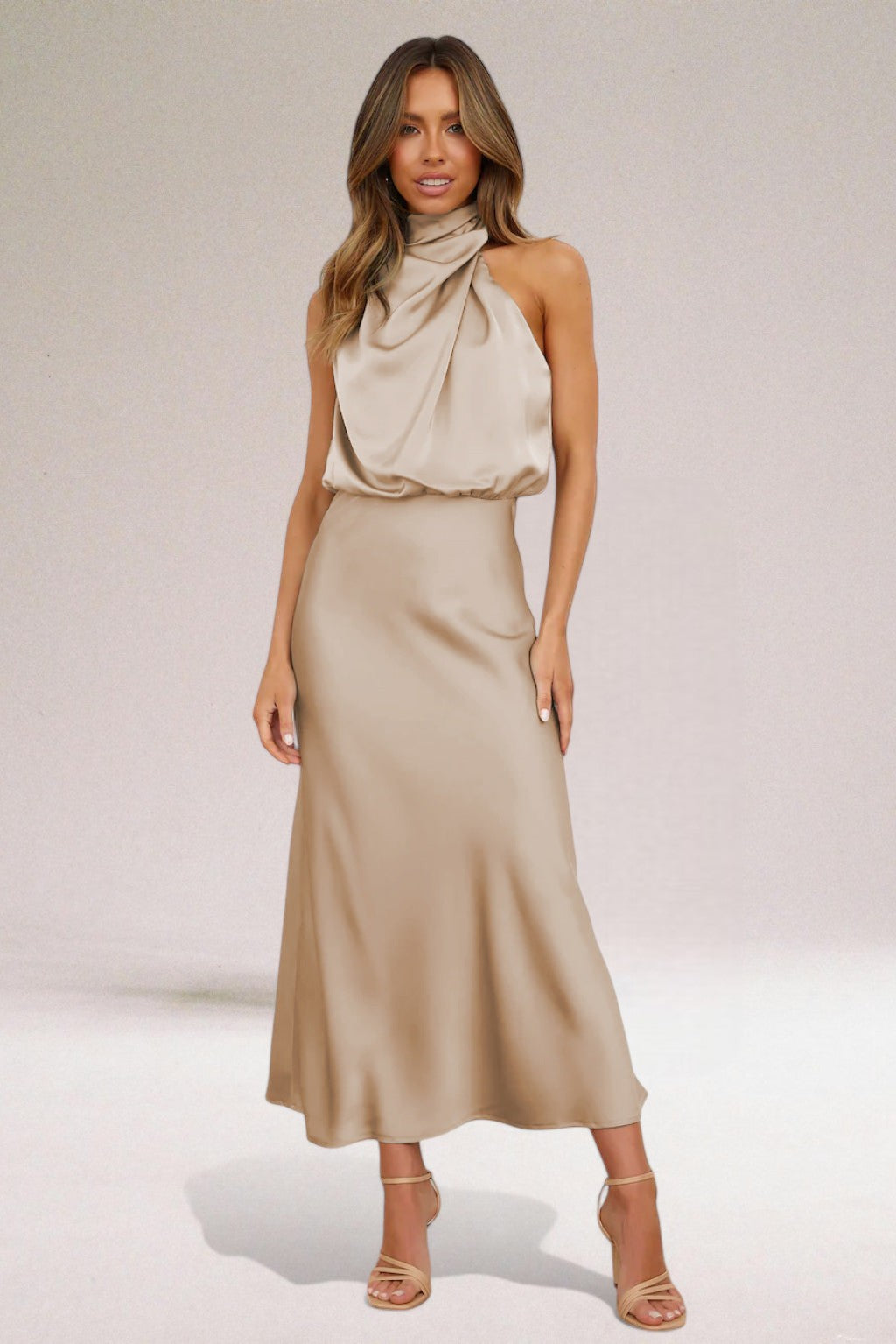 Margaux | Halter Neck Satin Maxi Dress with Draped Bodice