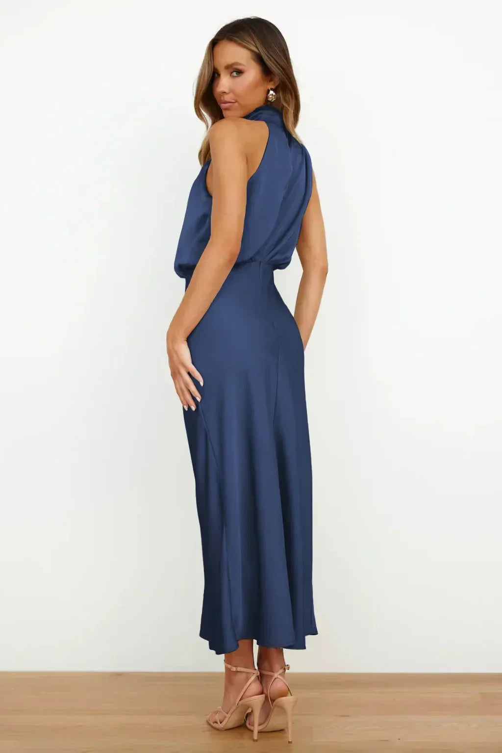 Calliope | Draped Twist Satin Halter Neck Maxi Dress