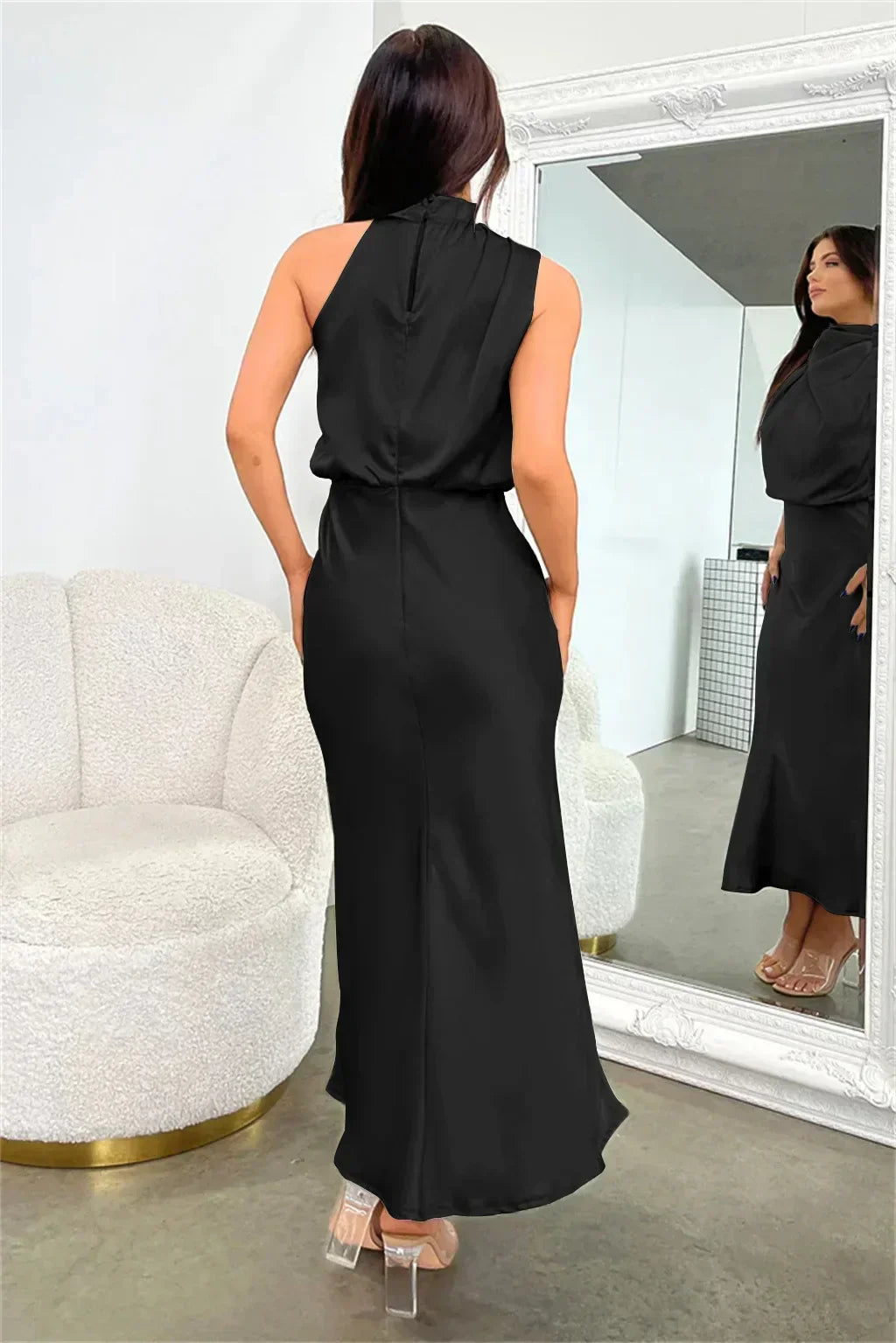 Calliope | Draped Twist Satin Halter Neck Maxi Dress