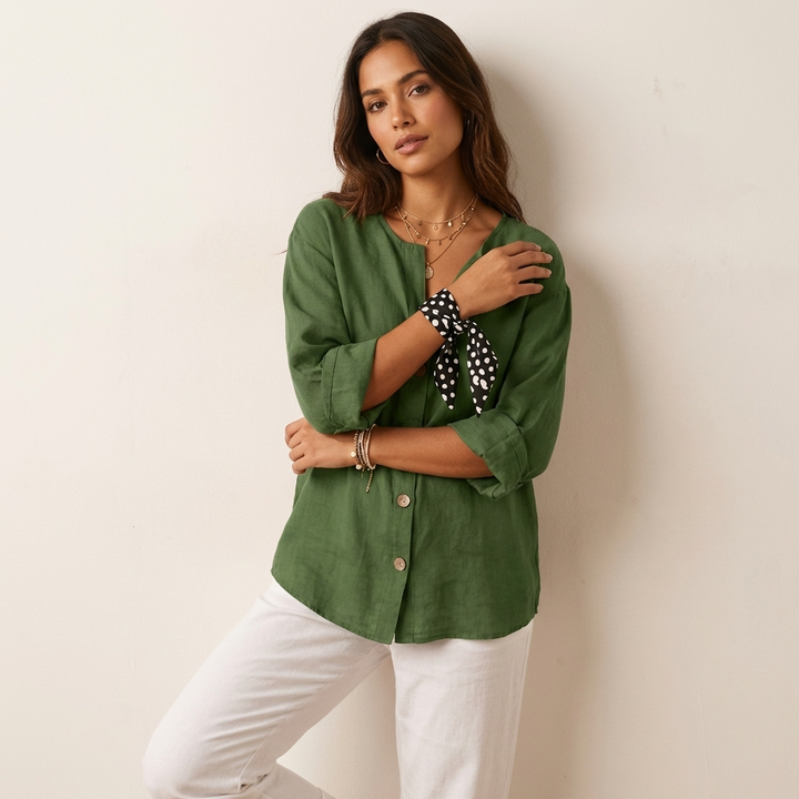 Sandstone | Single Button V-Neck Oversized Tunic Blouse