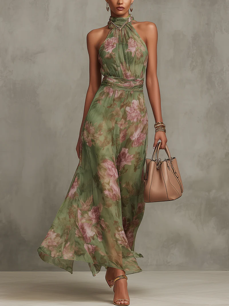 Serena | Halter Neck Floral Maxi Dress with Gold Hardware Detail
