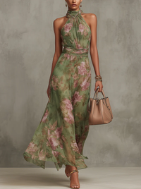 Serena | Halter Neck Floral Maxi Dress with Gold Hardware Detail