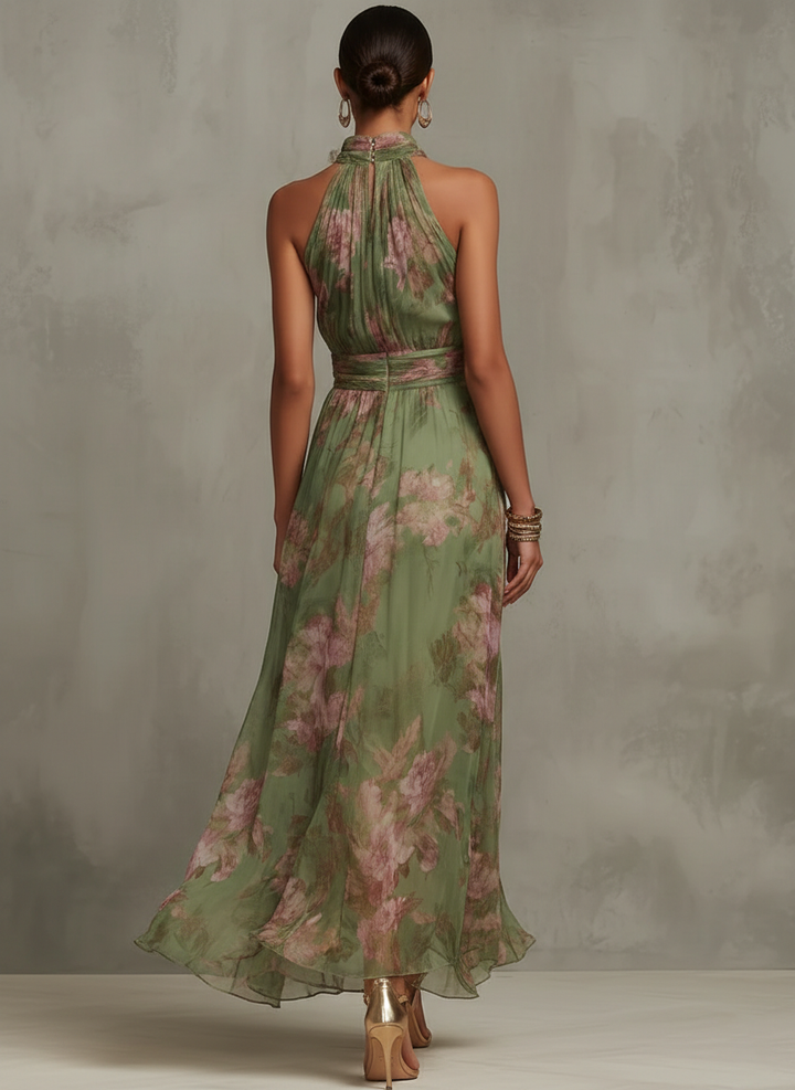 Serena | Halter Neck Floral Maxi Dress with Gold Hardware Detail