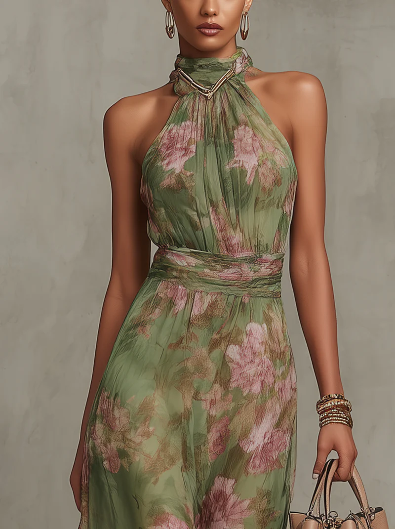 Elodie | Floral Chiffon Gathered Halter Neck Maxi Dress