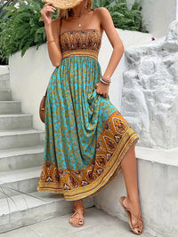 Solène | Boho Bandeau Printed Womens Pleated Midi Dress