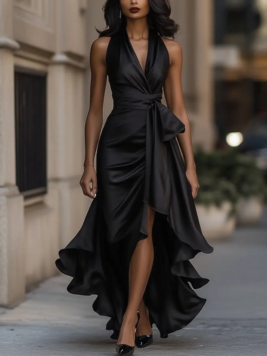 Estelle | Halter Neck Satin Dress with Bow Waist and Hi-Low Hem
