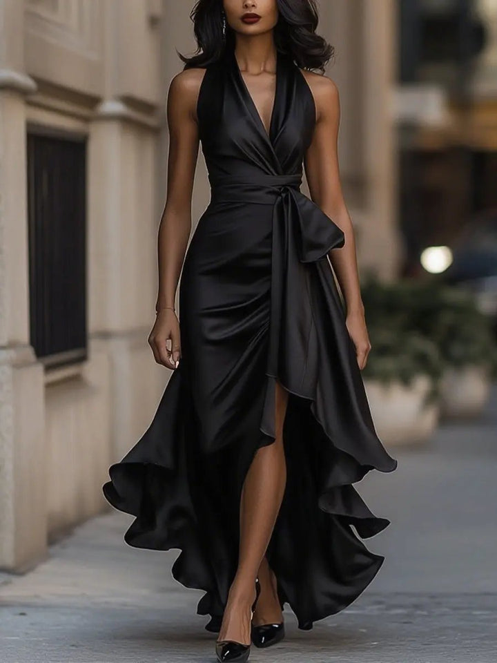 Estelle | Halter Neck Satin Dress with Bow Waist and Hi-Low Hem