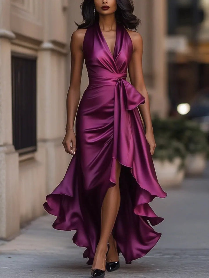 Estelle | Halter Neck Satin Dress with Bow Waist and Hi-Low Hem
