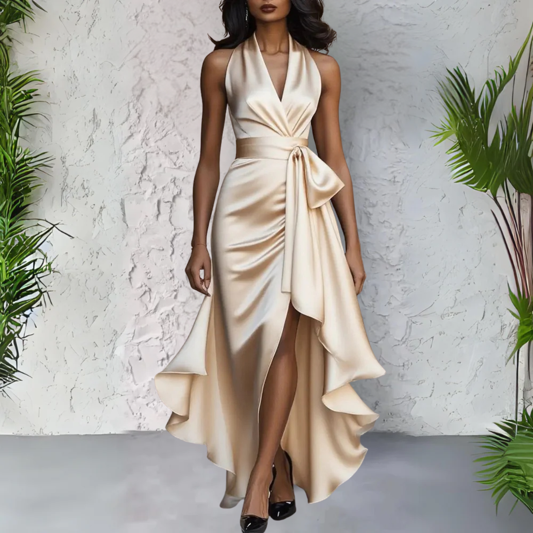 Estelle | Halter Neck Satin Dress with Bow Waist and Hi-Low Hem