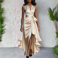 Estelle | Halter Neck Satin Dress with Bow Waist and Hi-Low Hem