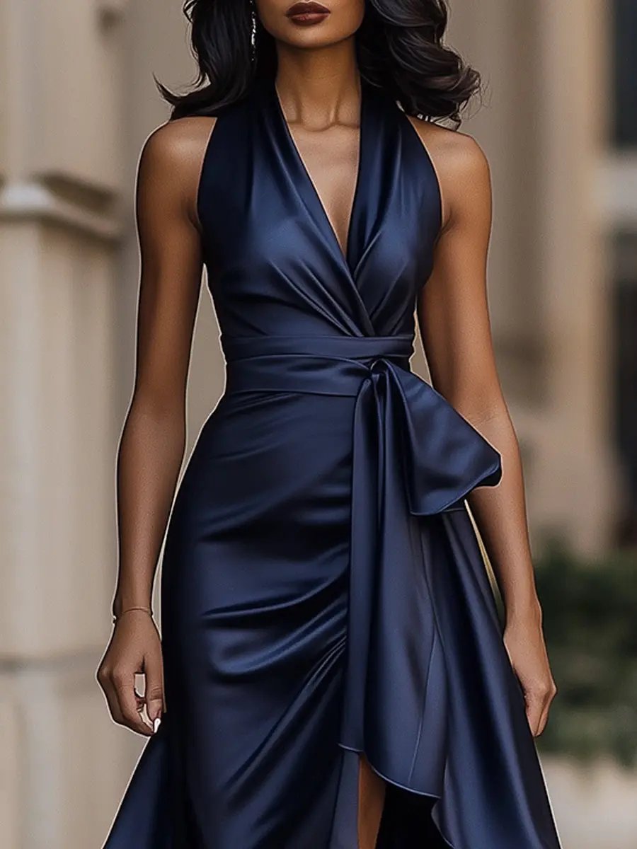 Serafina | Satin Halter Dress Wedding Guest with Bow Waist