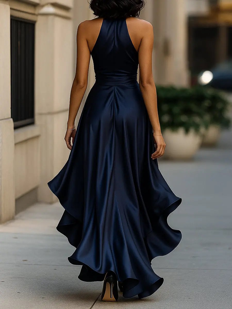 Estelle | Halter Neck Satin Dress with Bow Waist and Hi-Low Hem