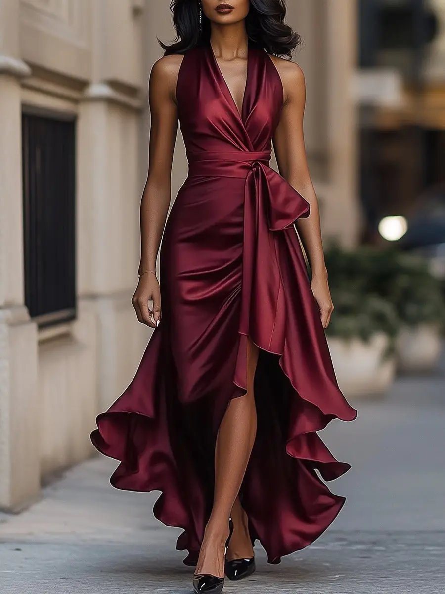 Estelle | Halter Neck Satin Dress with Bow Waist and Hi-Low Hem