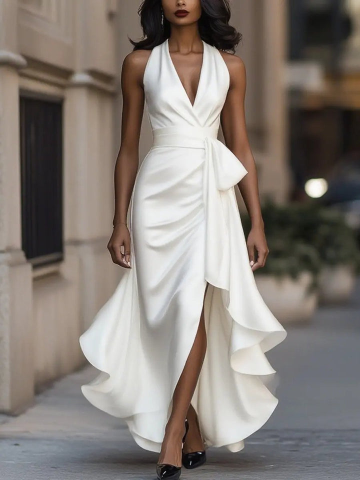 Serafina | Satin Halter Dress Wedding Guest with Bow Waist