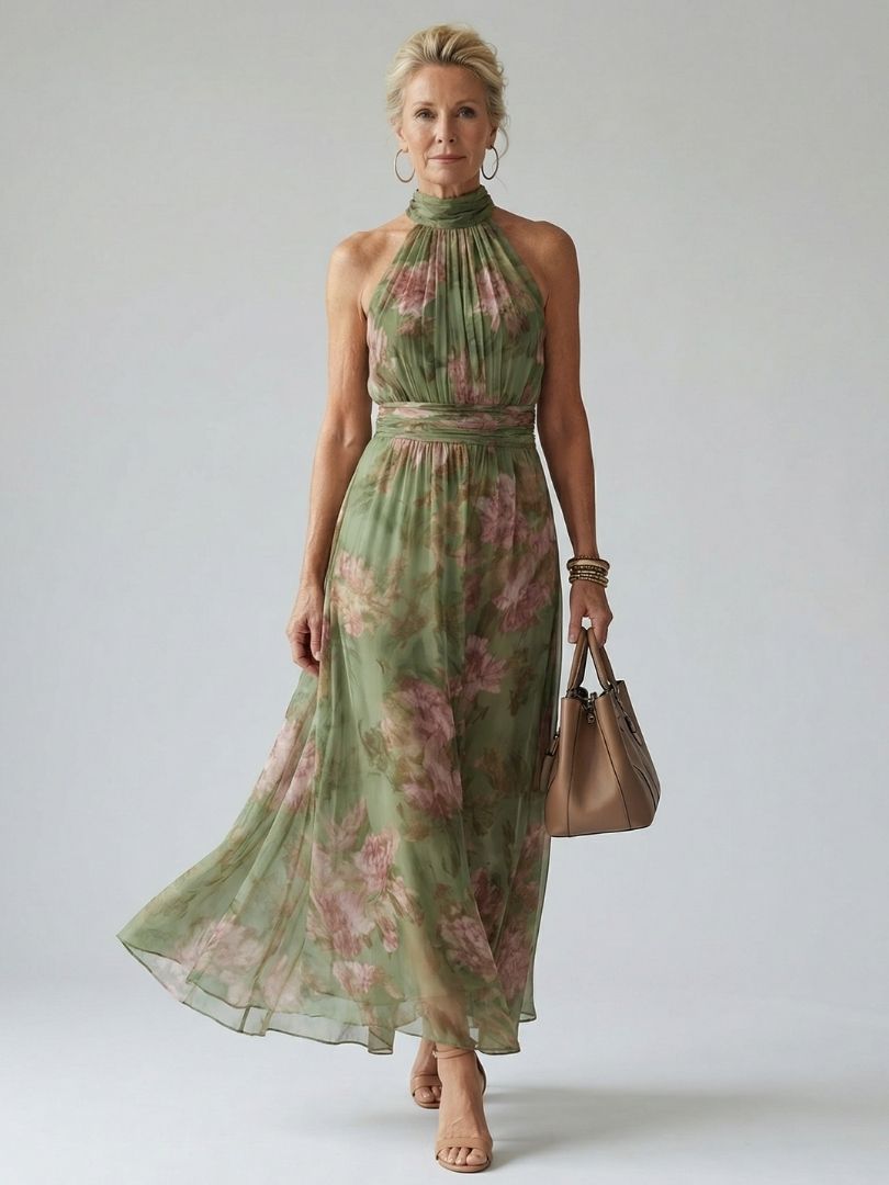 Eloise | Halter Neck Floral Chiffon Maxi Dress with Ruched Waist