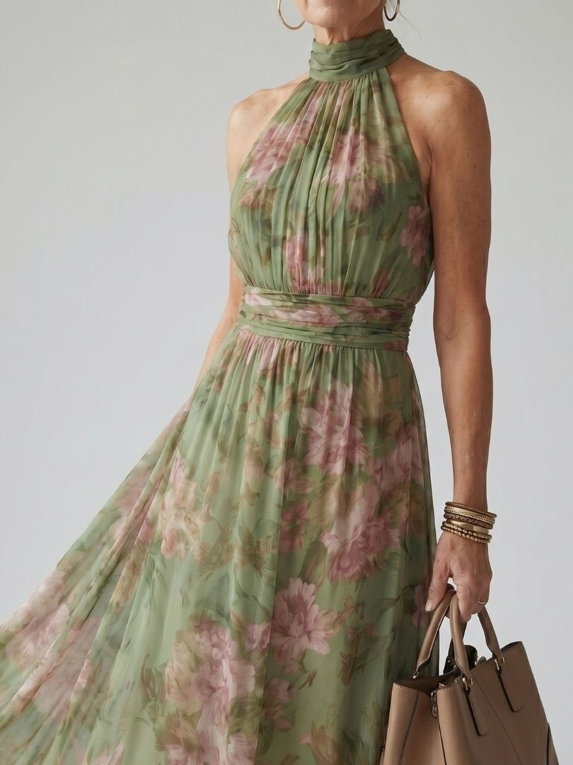 Eloise | Halter Neck Floral Chiffon Maxi Dress with Ruched Waist