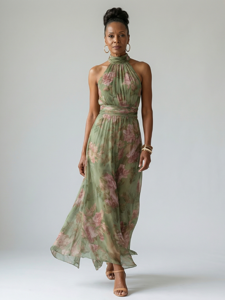Eloise | Halter Neck Floral Chiffon Maxi Dress with Ruched Waist