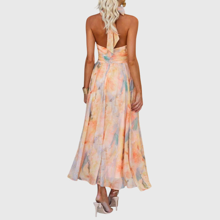 Solène | Halter Neck Wrap Dress in Abstract Watercolour Chiffon