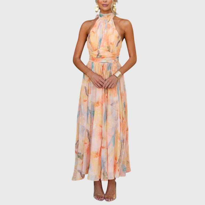 Solène | Halter Neck Wrap Dress in Abstract Watercolour Chiffon